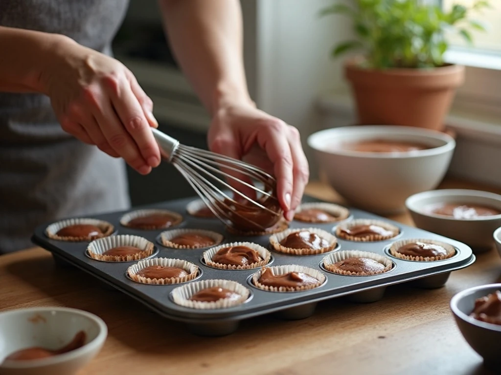 Chocolate mudslide cupcake batter portioned into a lined muffin pan