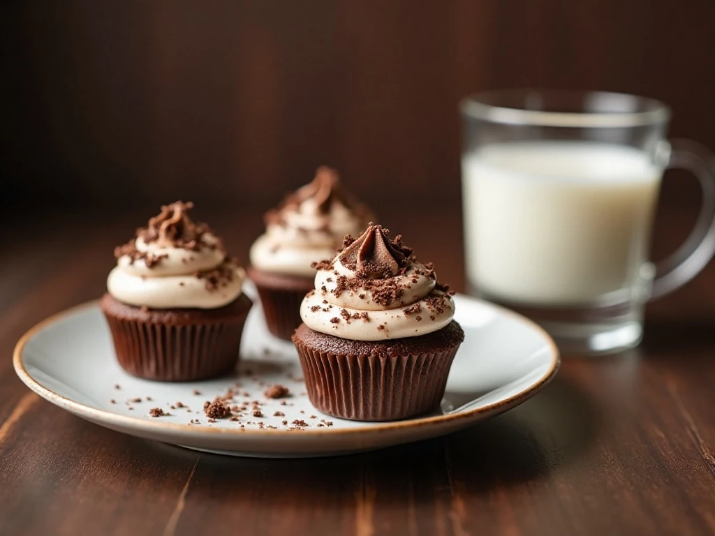 Mudslide cupcakes served with coffee and milk