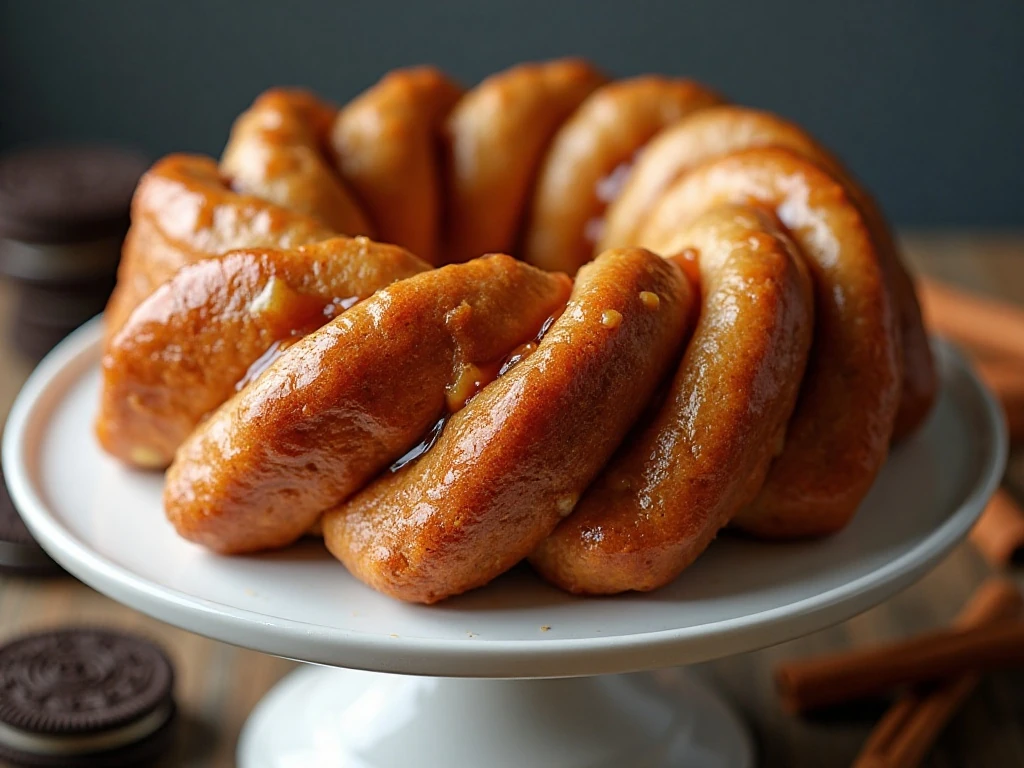 Golden Oreo monkey bread with caramel coating on a serving stand