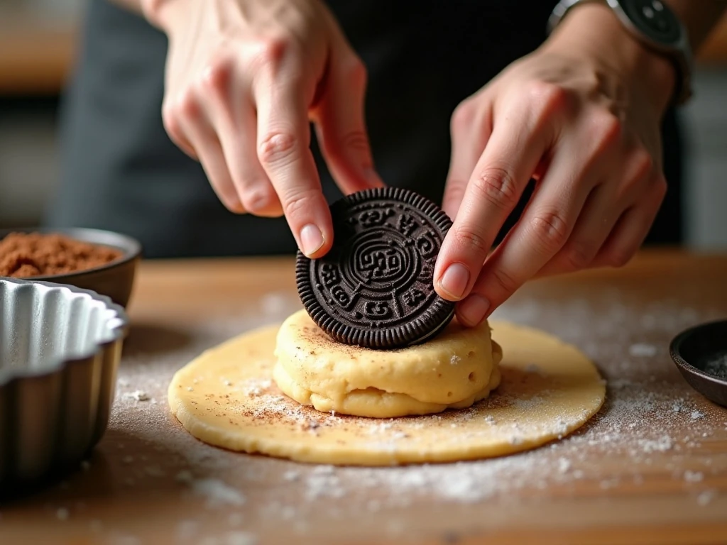 Wrapping biscuit dough around Oreo cookies for monkey bread
