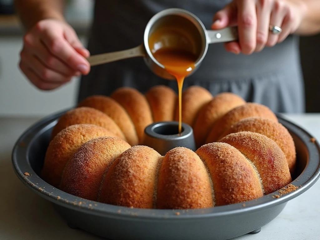 Caramel being poured over Oreo monkey bread dough in a Bundt pan