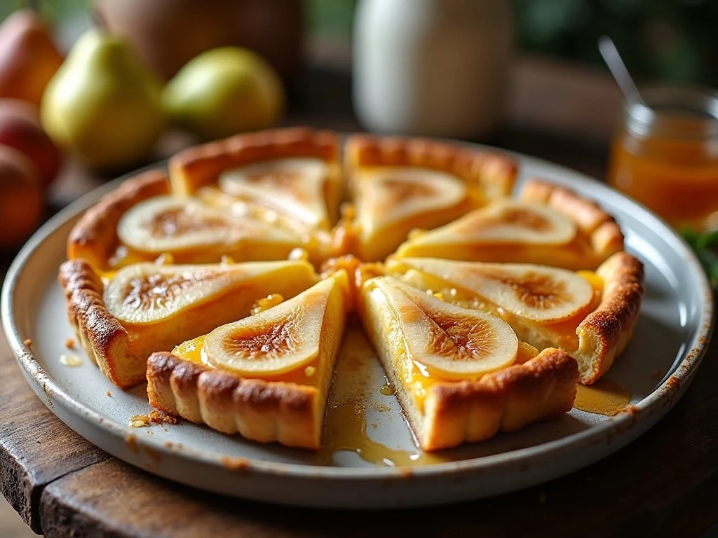 Golden pear, fig, and Gouda tart ready to serve