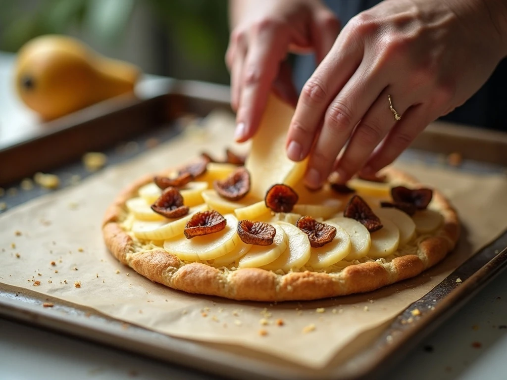 Arranging pears and figs over Gouda on puff pastry