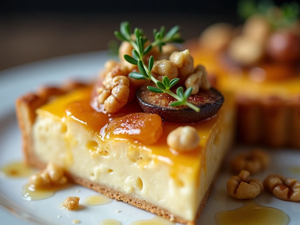 Slice of pear fig and Gouda tart with honey and thyme
