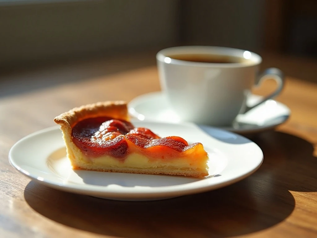 Warm slice of pear and fig tart served with coffee