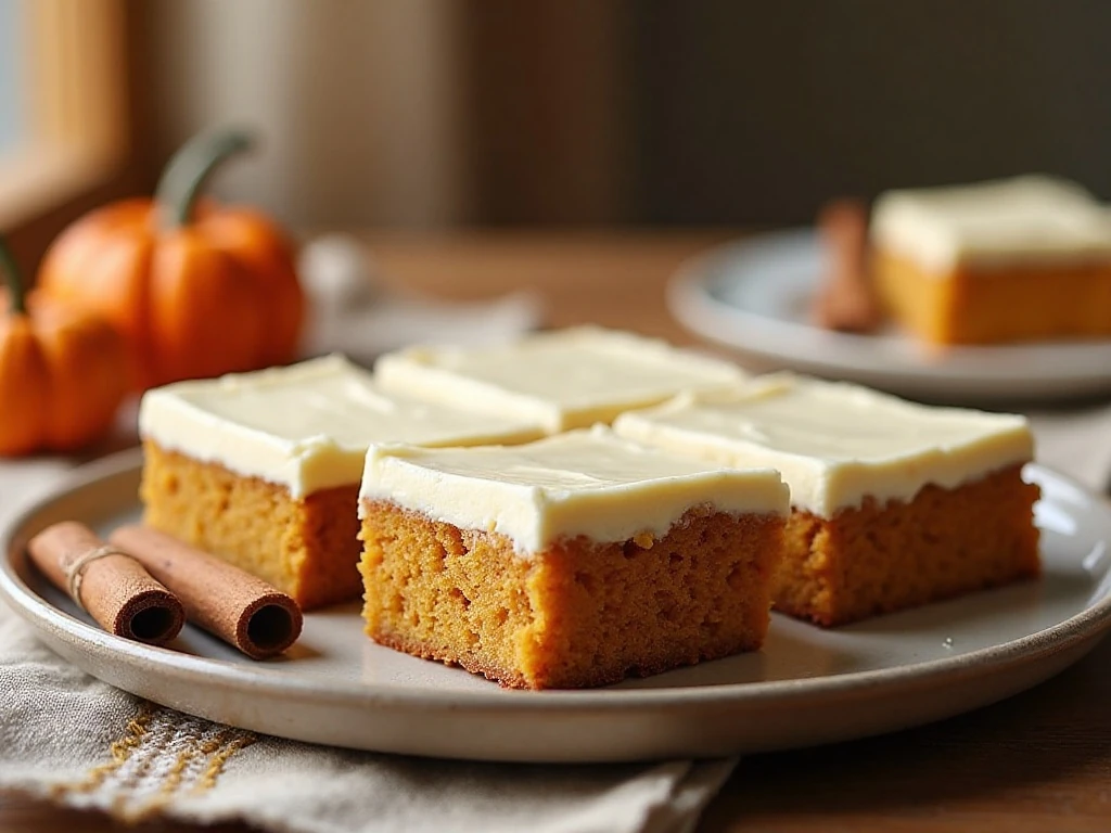 Platter of pumpkin bars with cream cheese frosting on an autumn dessert table