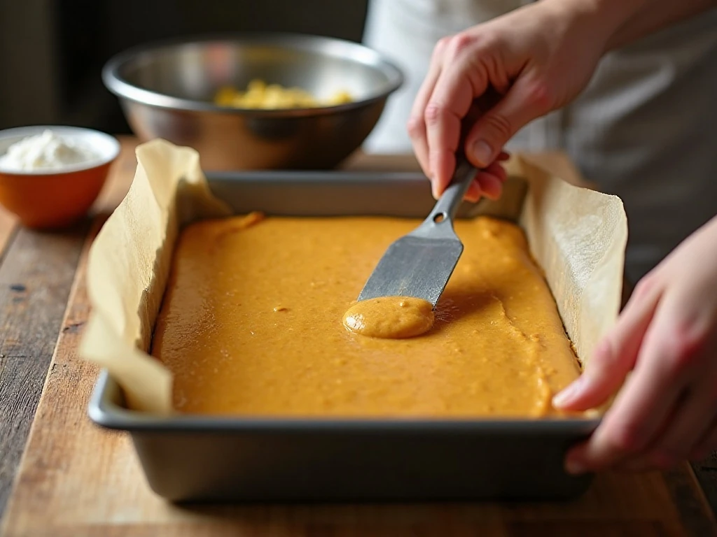 Pumpkin bar batter being spread in a jelly-roll pan