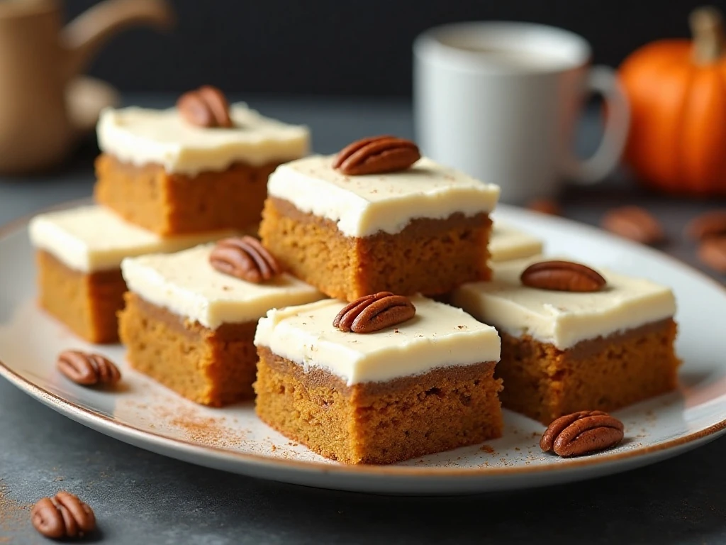 Decorated pumpkin bars served with coffee