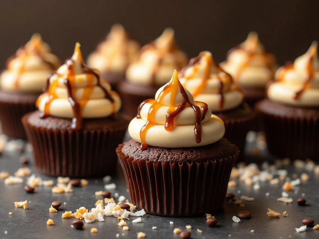 Samoa-inspired chocolate cupcakes with toasted coconut caramel topping