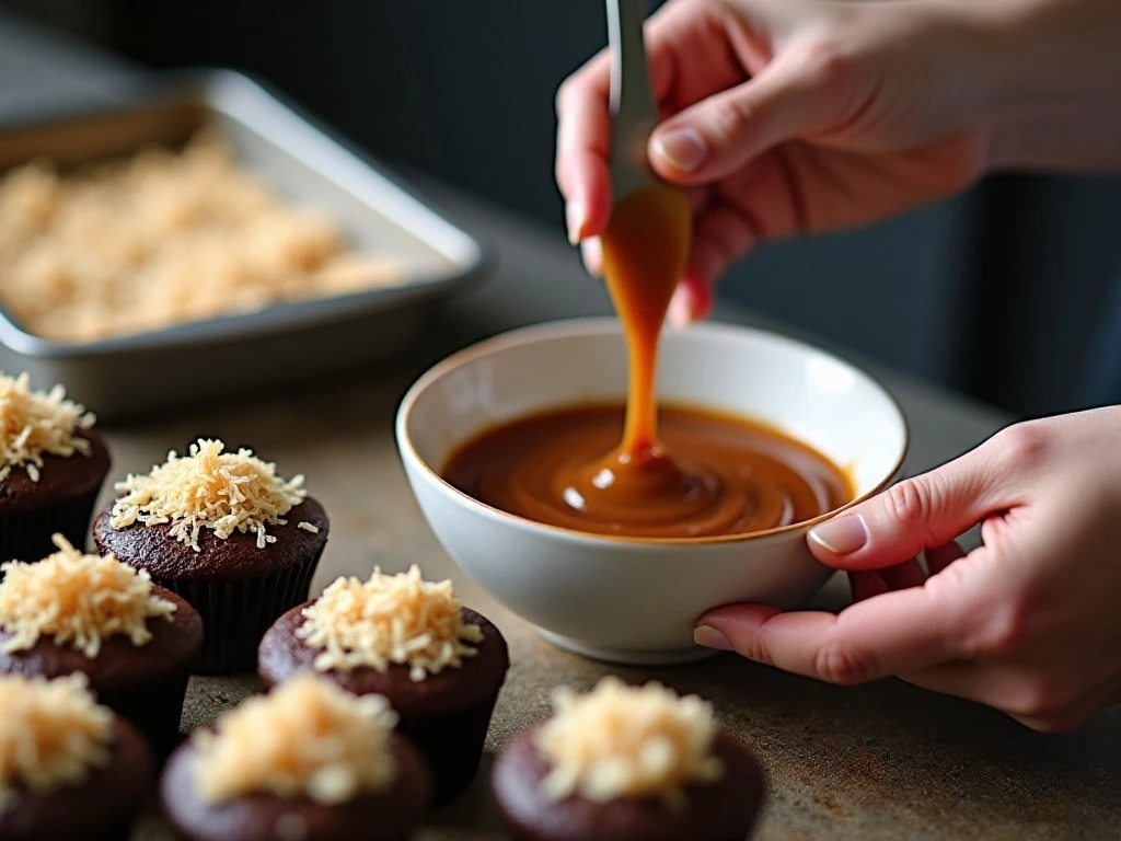 Toasted coconut being mixed with caramel for cupcake topping