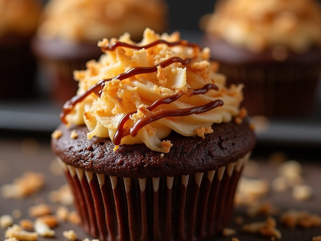 Close-up of coconut caramel and chocolate drizzle on a cupcake