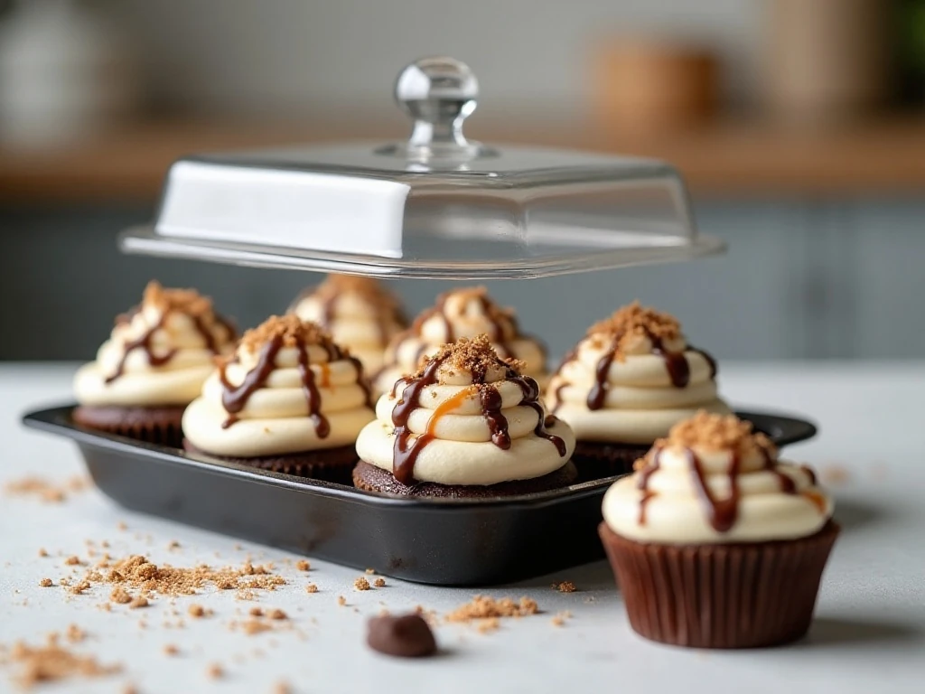 Stored Samoa cupcakes with chocolate caramel topping