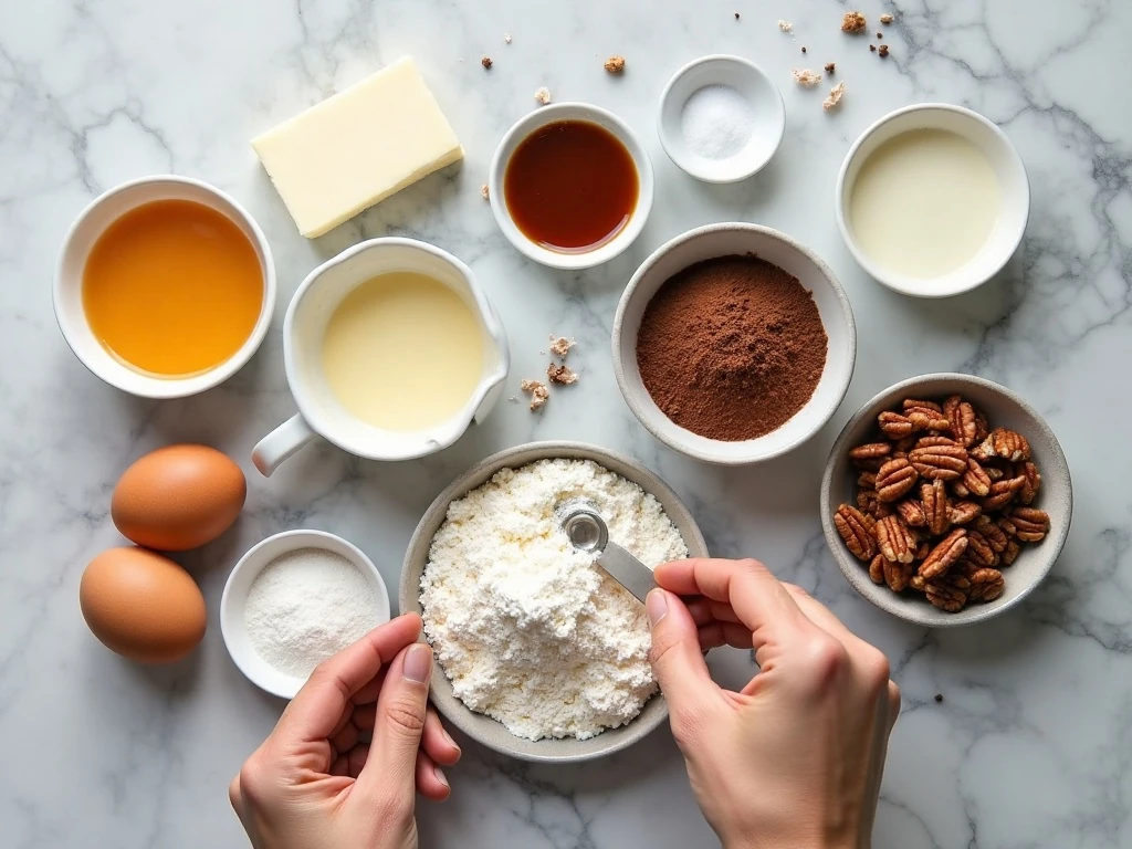 Ingredients for a turtle brownie cheesecake arranged on a marble counter