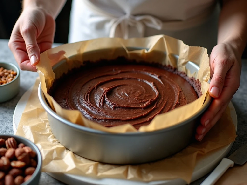 Brownie batter being spread in a springform pan for turtle cheesecake