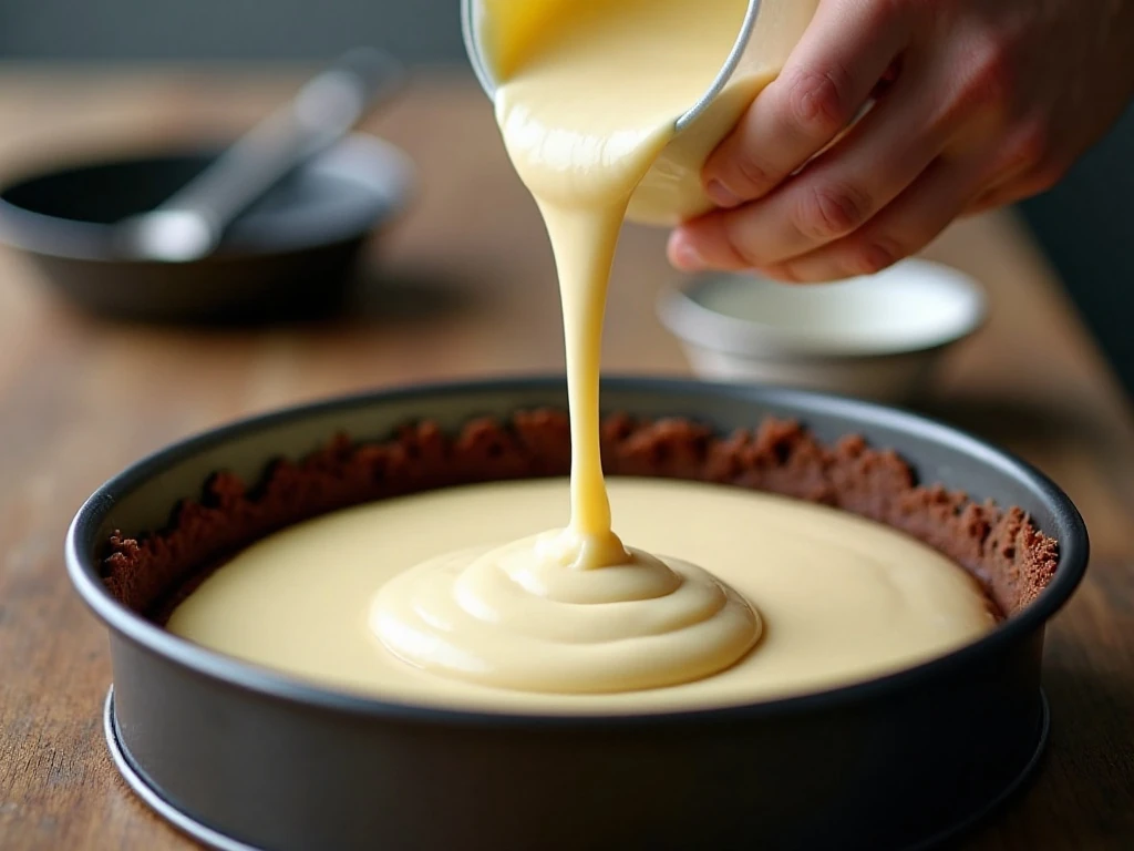 Creamy cheesecake batter poured over a partially baked brownie base