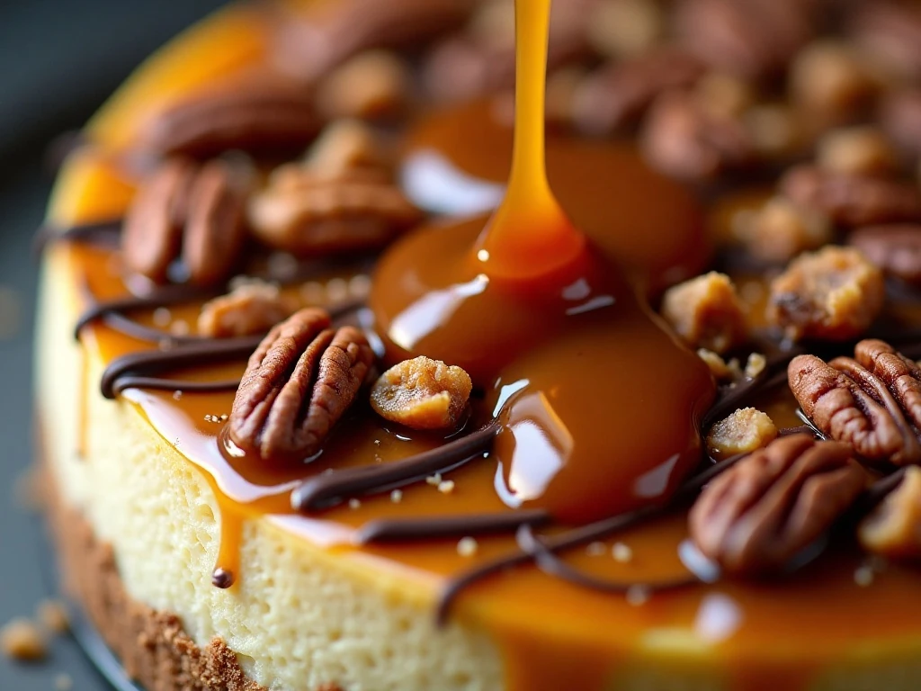 Caramel, toasted pecans, and chocolate topping on turtle cheesecake