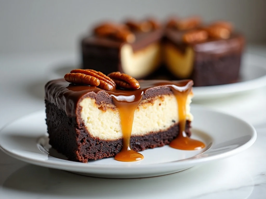 Plated slice of decadent turtle brownie cheesecake with caramel and pecans