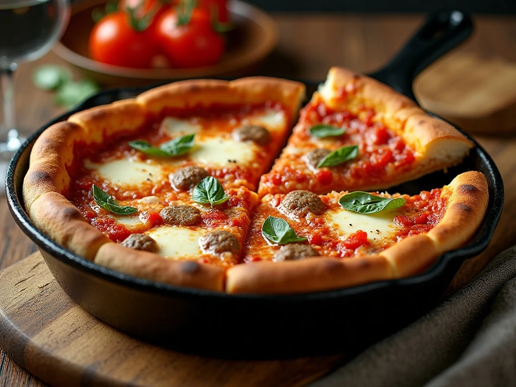 Cast iron skillet deep dish pizza with sausage, mozzarella, tomato sauce, and Parmesan