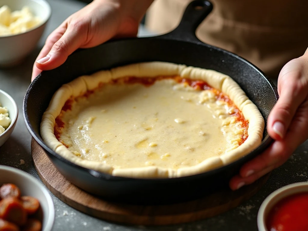 Shaping deep dish pizza dough in an oiled cast iron skillet