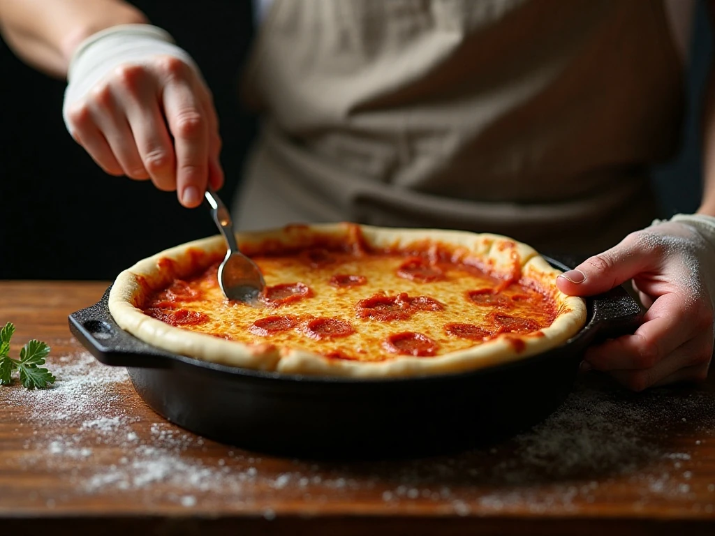 Preparing an oiled cast iron skillet for a crisp deep dish pizza crust