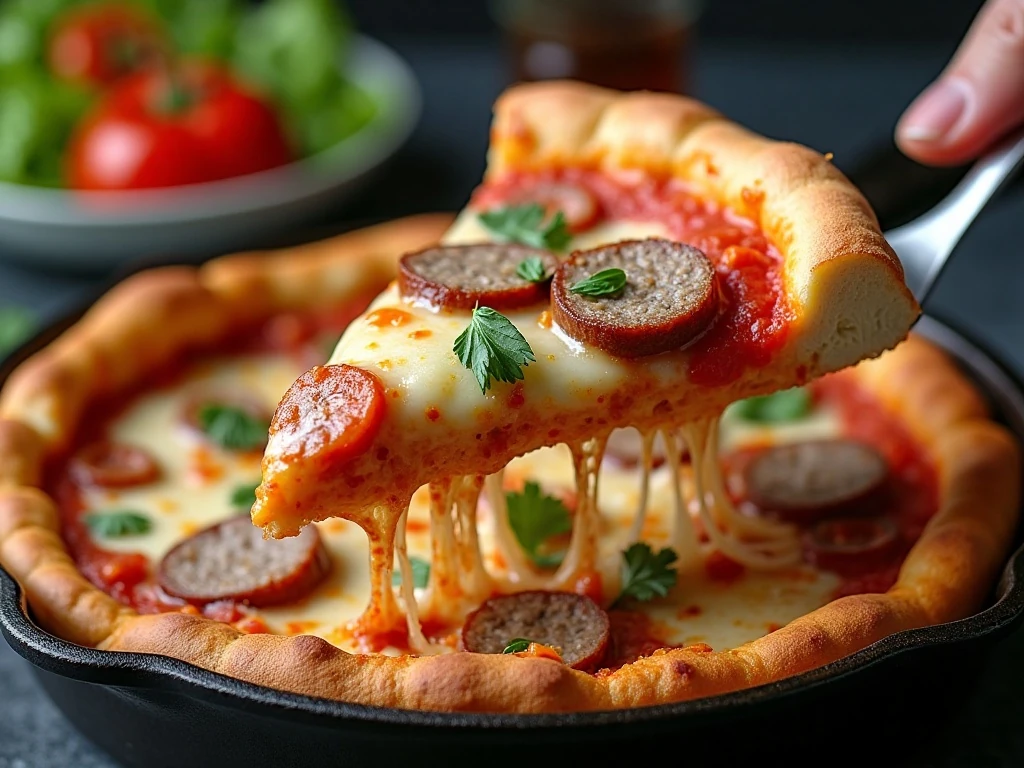 Cheesy sausage deep dish pizza slice with Parmesan and oregano