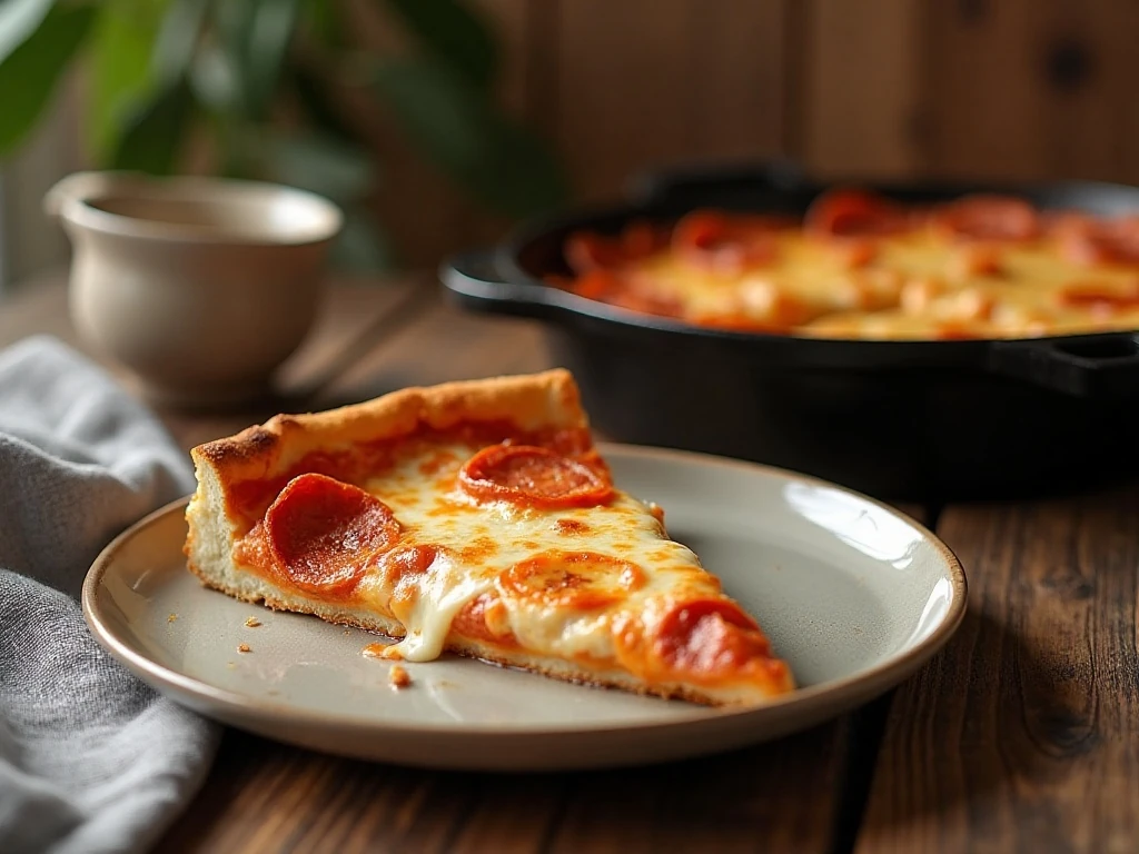 Reheated cast iron skillet deep dish pizza slice with crisp crust