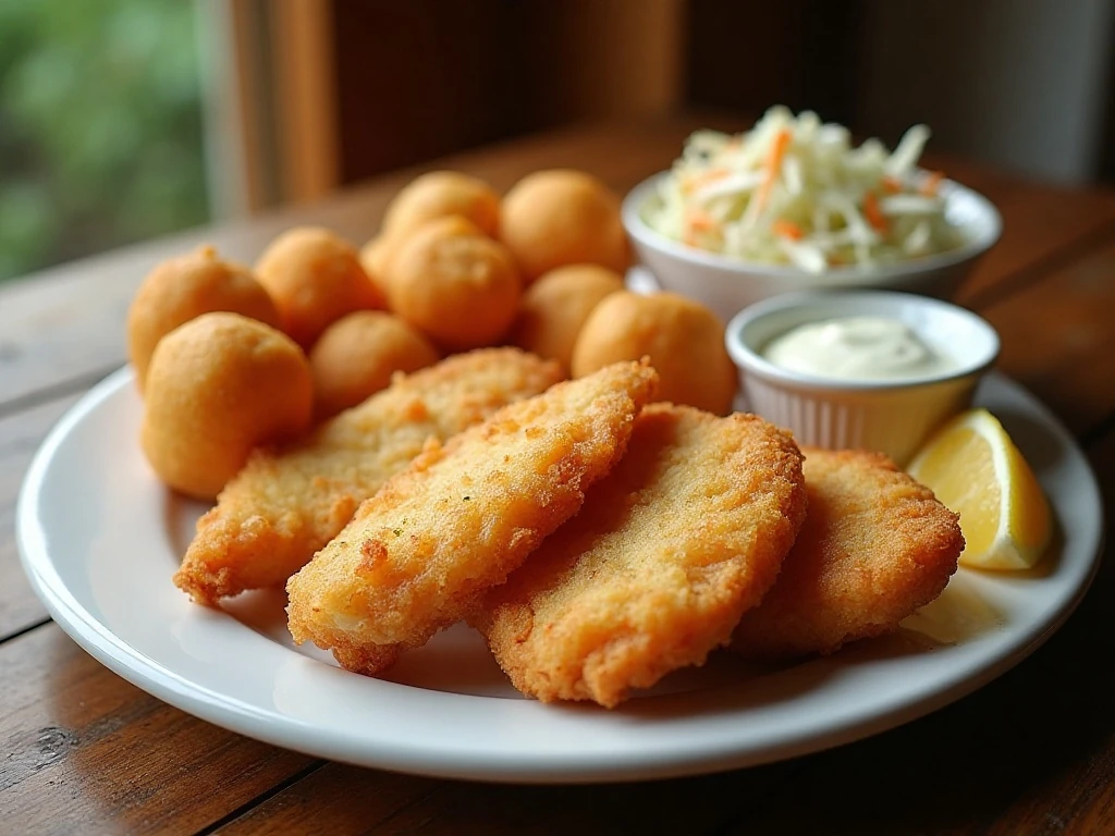Crispy Southern fried catfish served with lemon, tartar sauce, coleslaw, and hush puppies