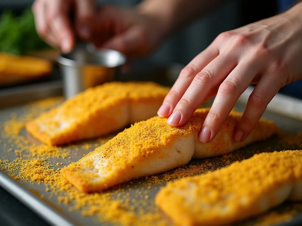Catfish fillet being coated in seasoned cornmeal before frying