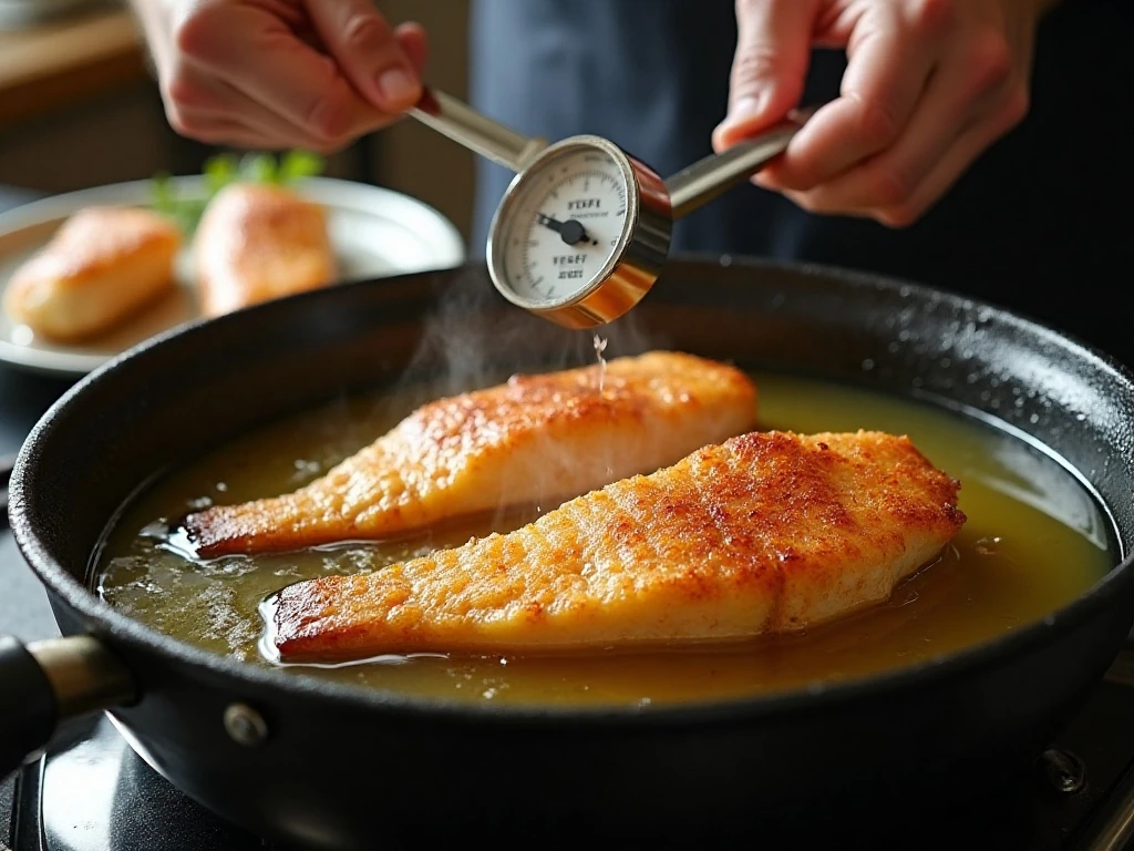 Catfish frying in batches at 350 degrees for a crisp crust
