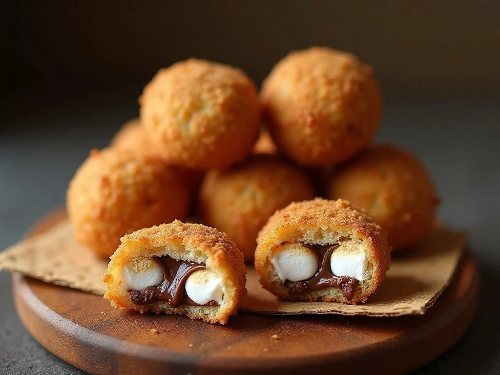 Golden crispy deep-fried s'mores with melted chocolate and gooey marshmallow