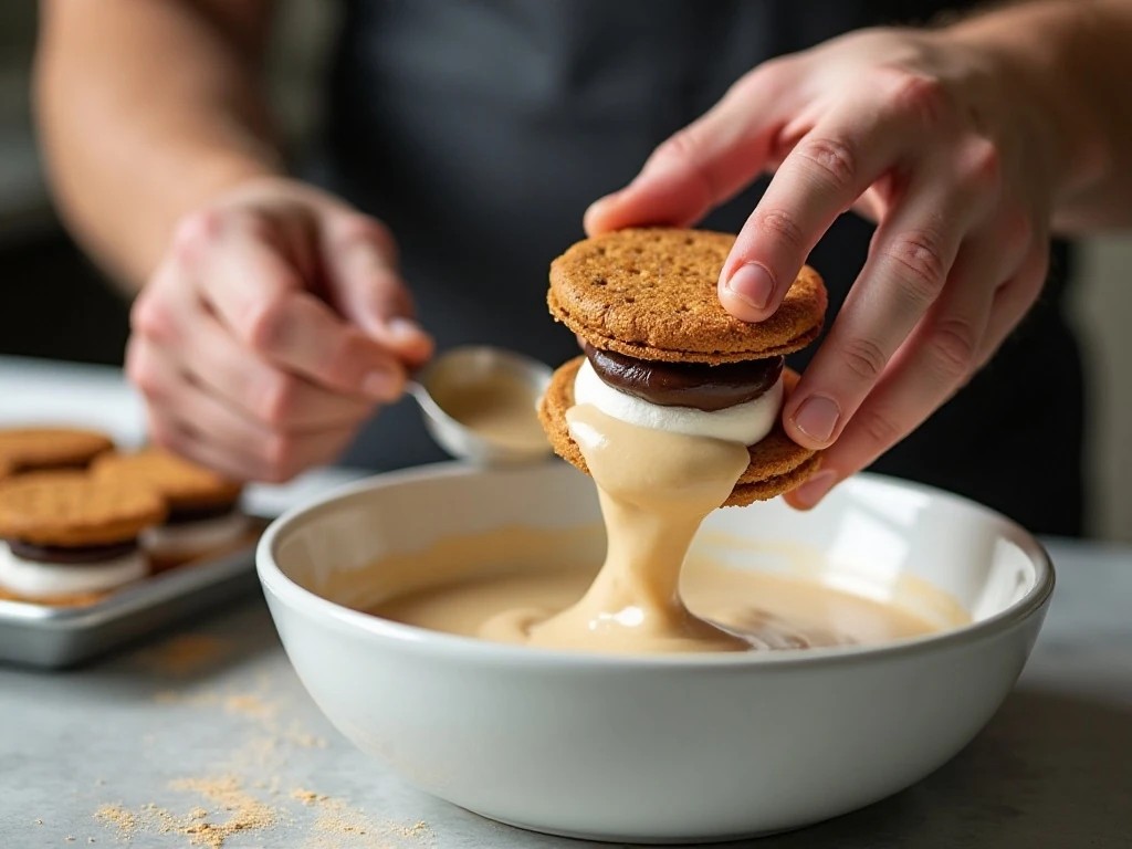 Coating chilled s'more sandwiches in pancake-style batter