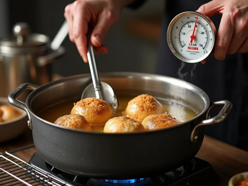 Deep-frying battered s'mores until golden and crisp at 350 degrees