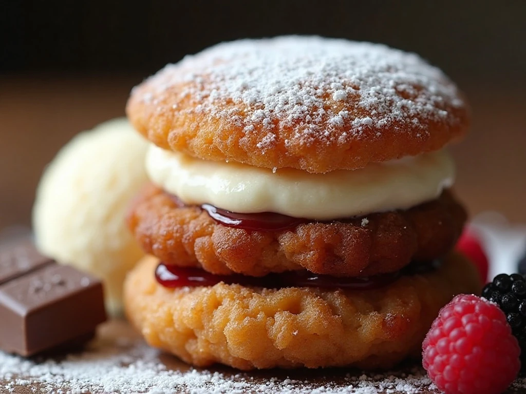 Deep-fried s'more dusted with confectioners' sugar and served with dessert toppings