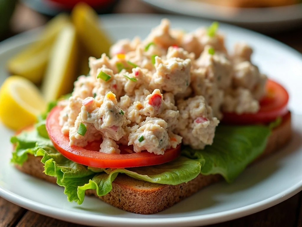 Deli-style tuna salad served on toasted rye bread with lettuce and tomato