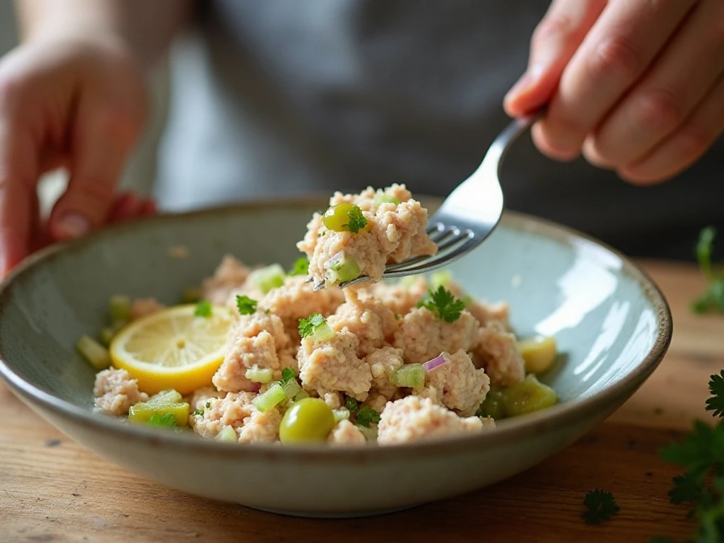 Tuna salad ingredients being gently mixed in a bowl