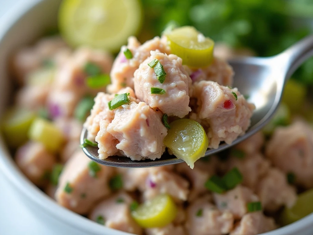 Close-up of creamy tuna salad showing tuna flakes, celery, pickles, and herbs