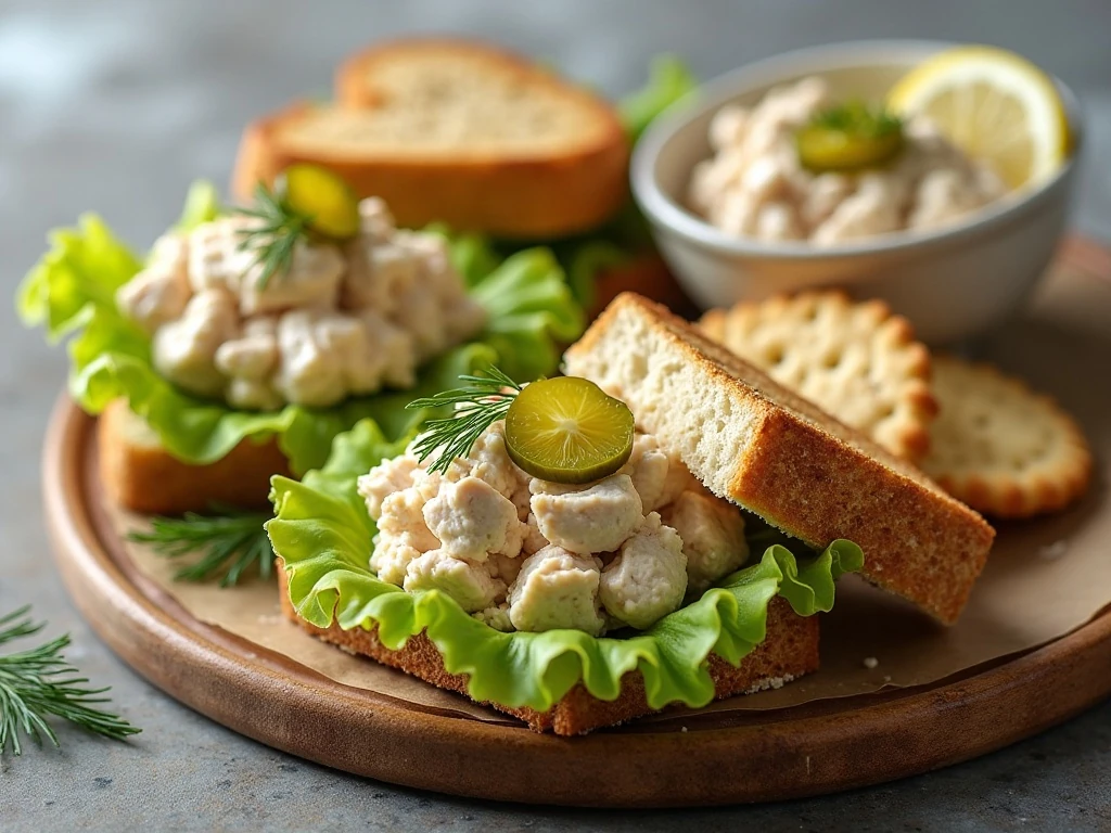 Tuna salad sandwich, lettuce cups, and crackers arranged for serving
