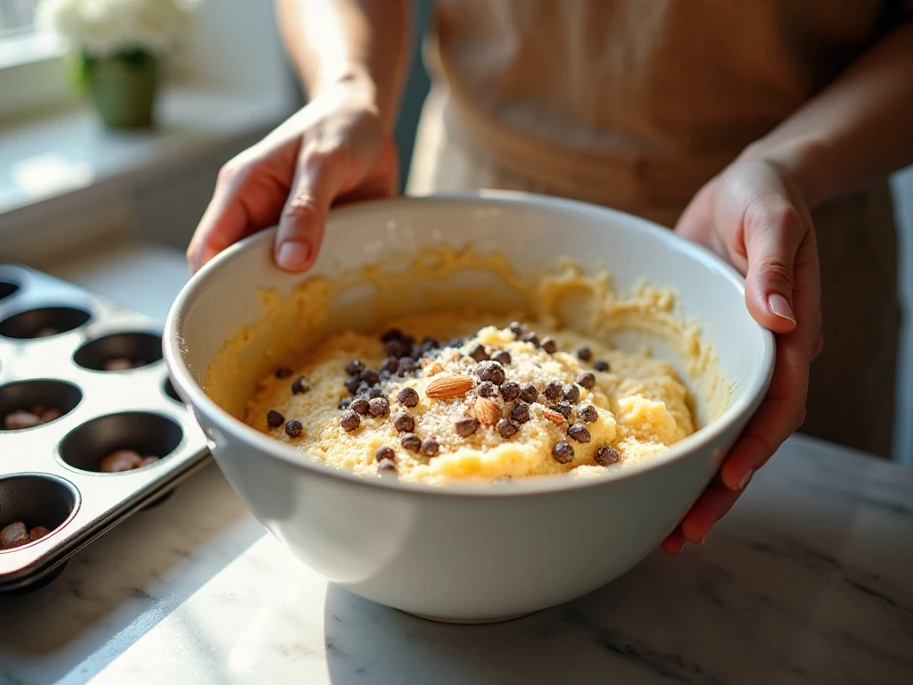Batter being folded with coconut chocolate chips and almonds for muffins