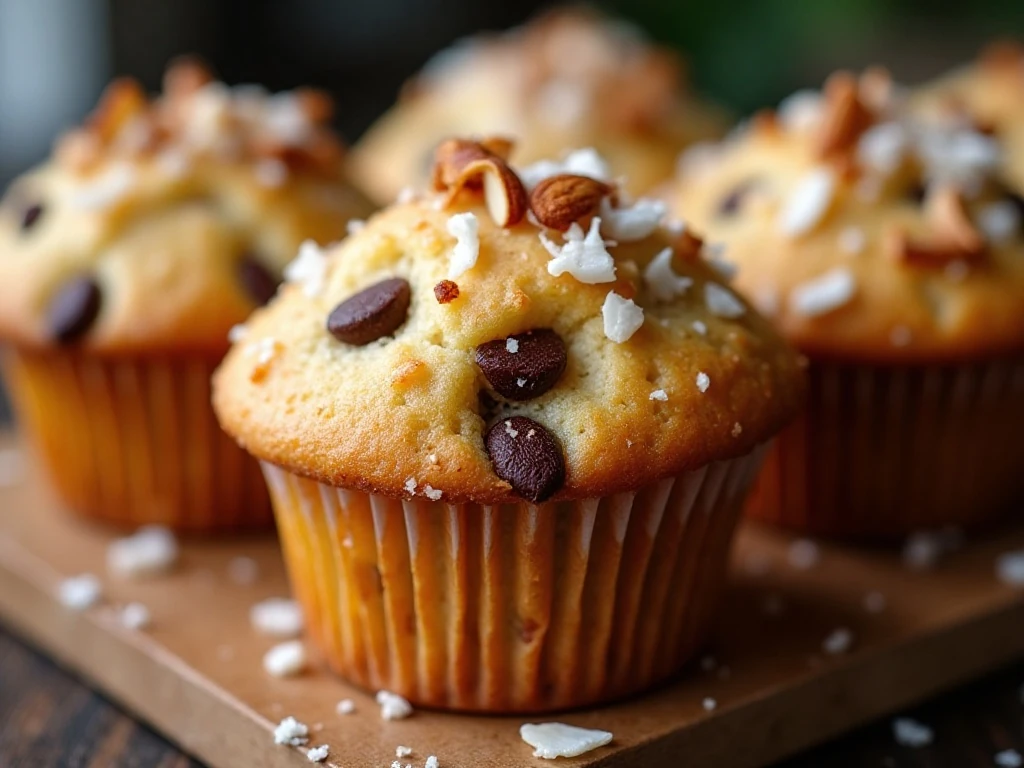 Toasted almonds coconut and chocolate chips on an Almond Joy muffin