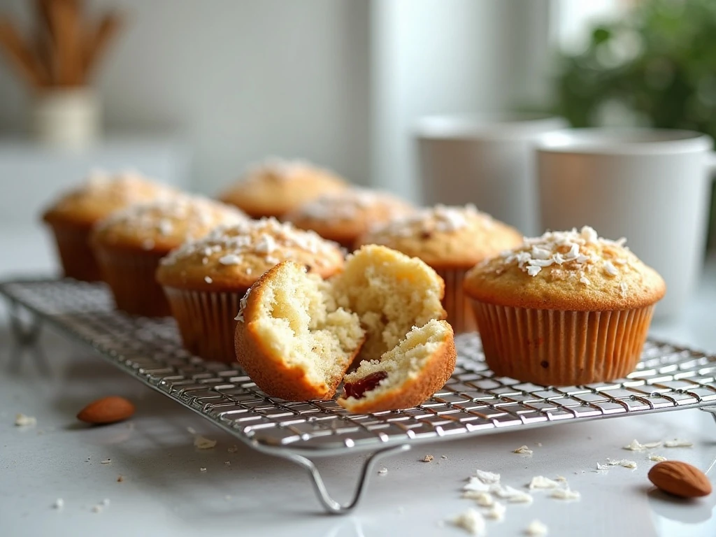 Freshly baked Almond Joy muffins cooling before storage