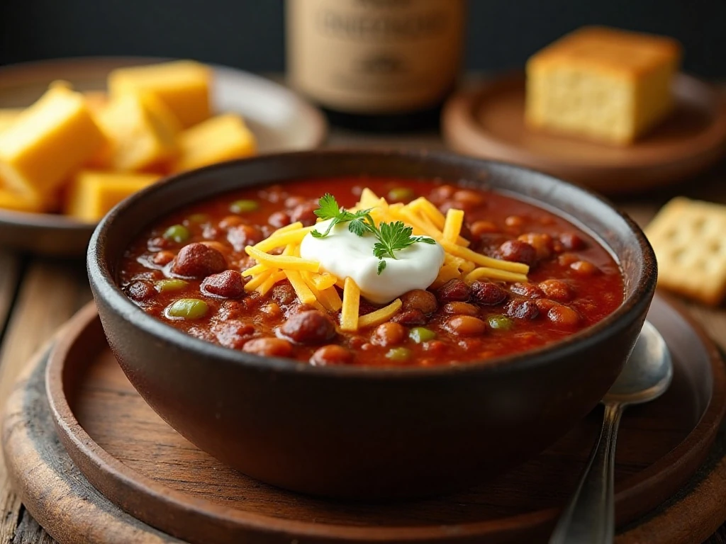 Hearty Amish chili served with cheddar, sour cream, crackers, and cornbread