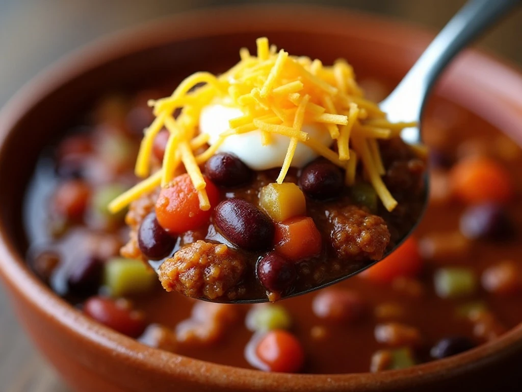 Close-up of beans, beef, cheddar, and sour cream in Amish chili