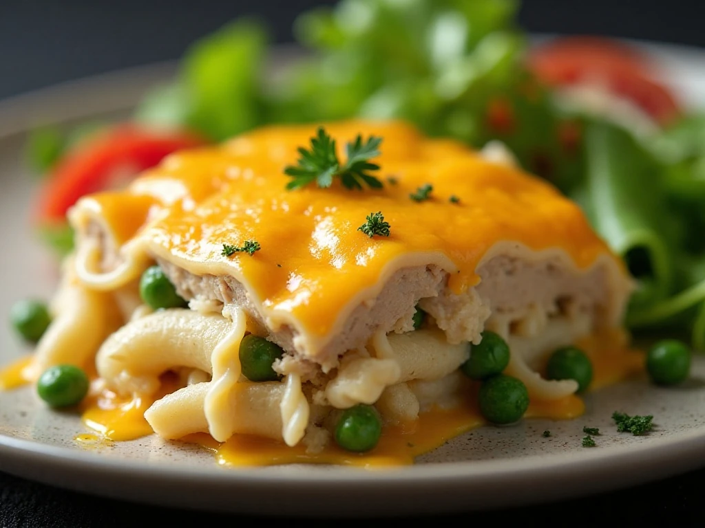 Close-up serving of turkey casserole with melted cheese