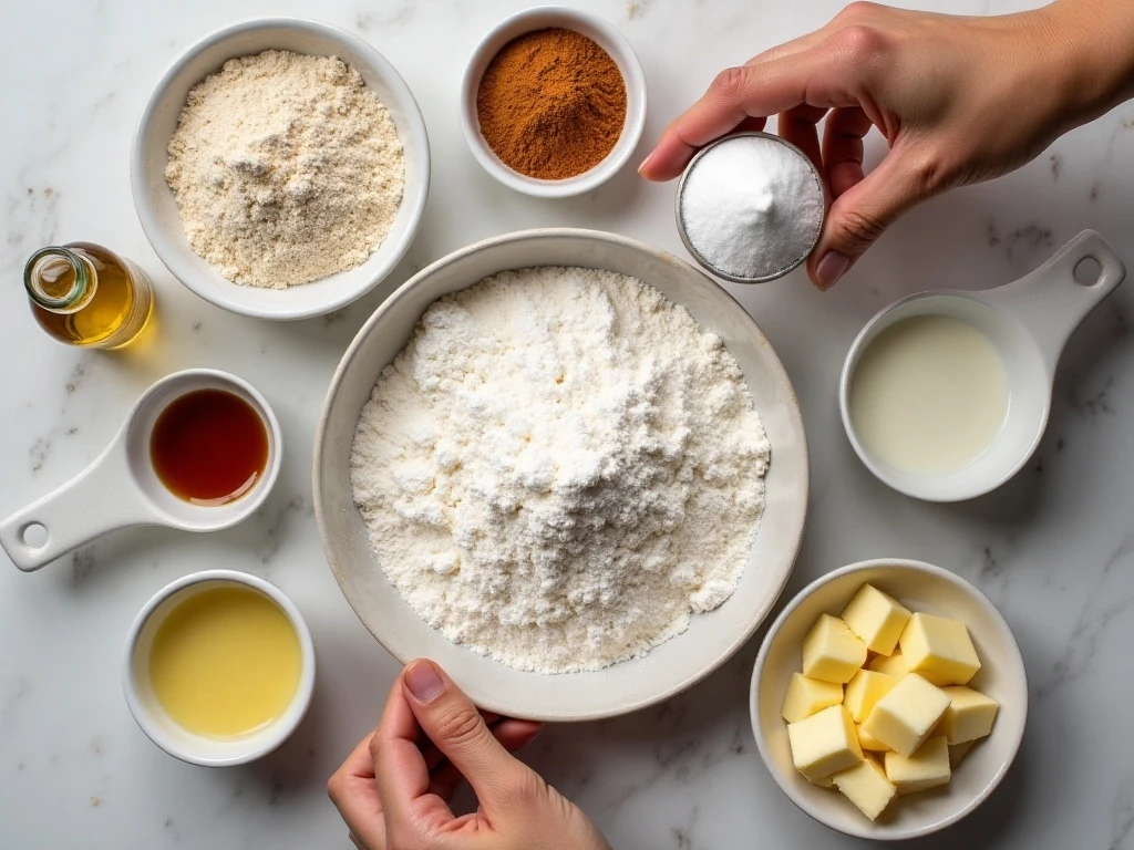 Ingredients for homemade apple fritters arranged on a kitchen counter