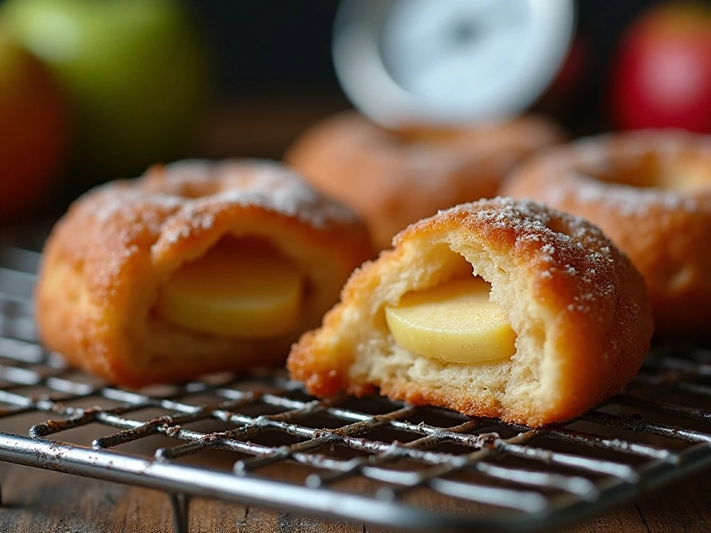 Crisp apple fritter showing its soft apple-filled center