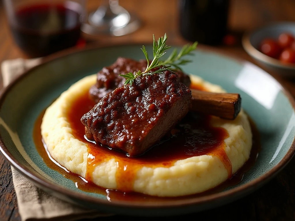Tender braised beef short ribs served with mashed potatoes and red-wine sauce