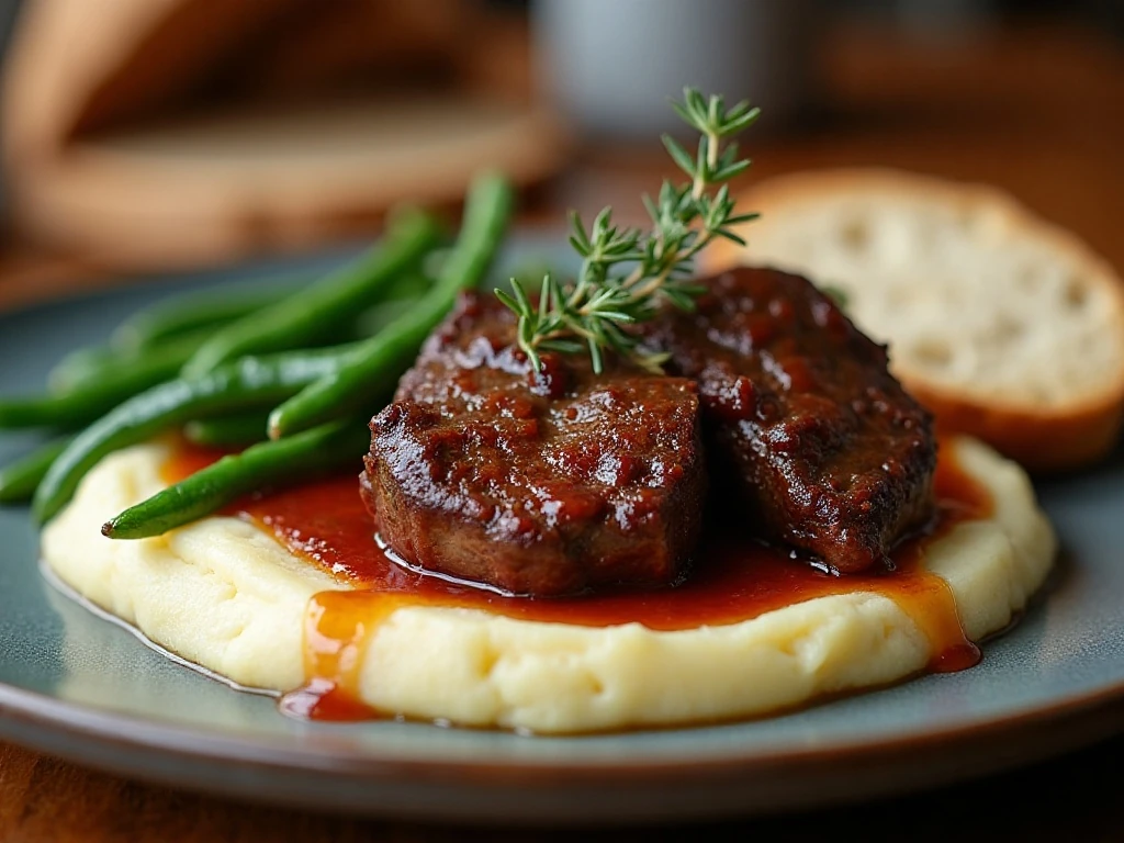 Braised short ribs plated with mashed potatoes and green beans