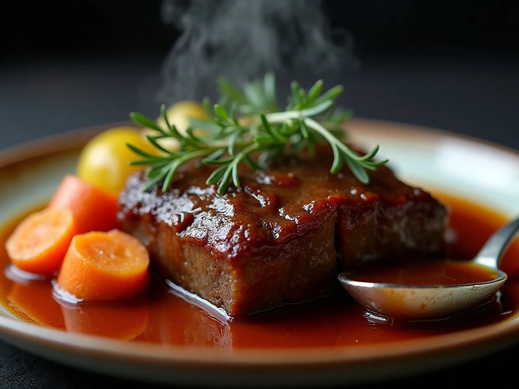 Reheated braised short ribs with glossy red-wine sauce