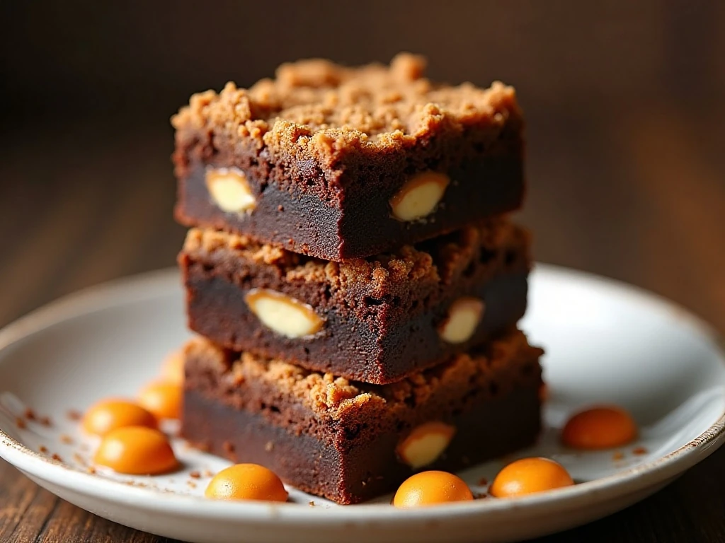 Stack of fudgy Butterfinger brownies with caramel and crunchy candy topping