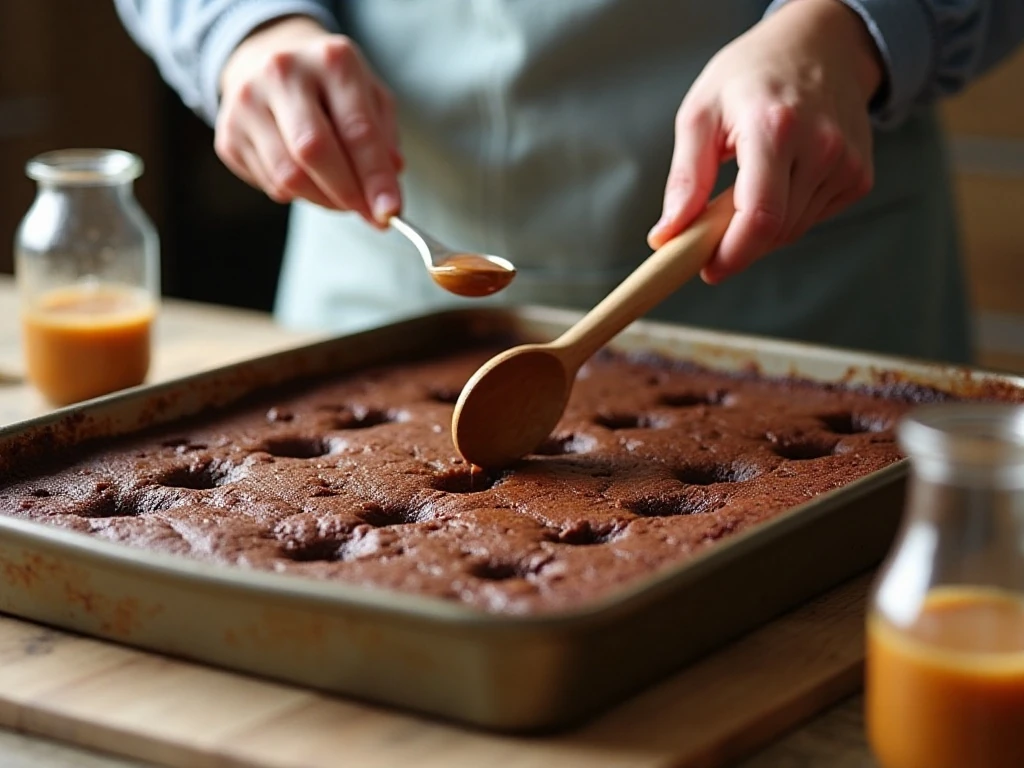 Poking holes into warm brownies before adding the toppings